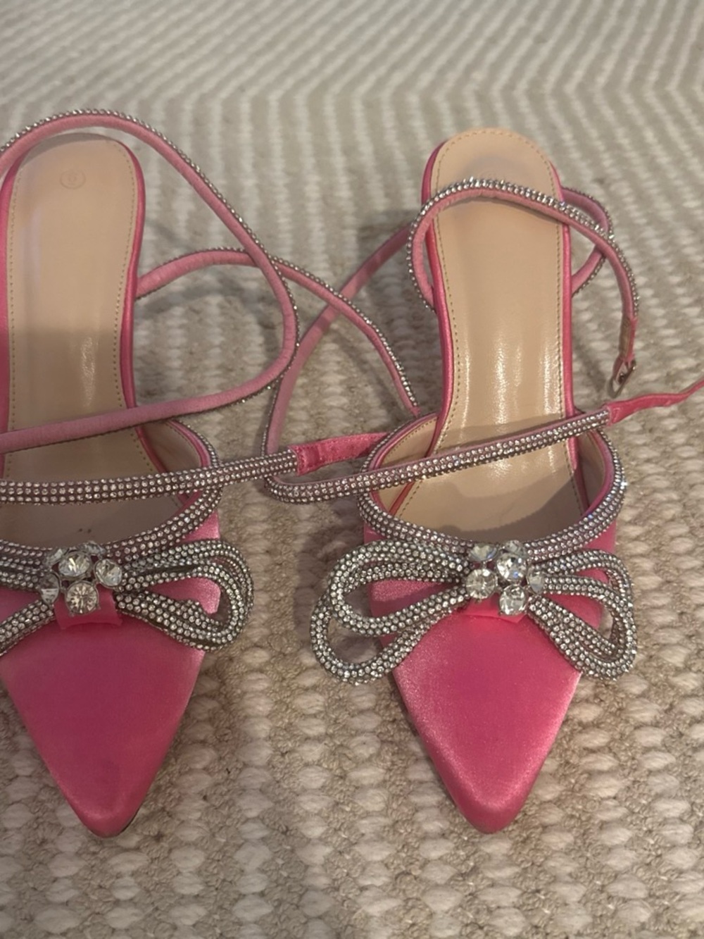 Amazon Pink Satin Pointed Toe Strappy Heels with Crystal Bow Accent